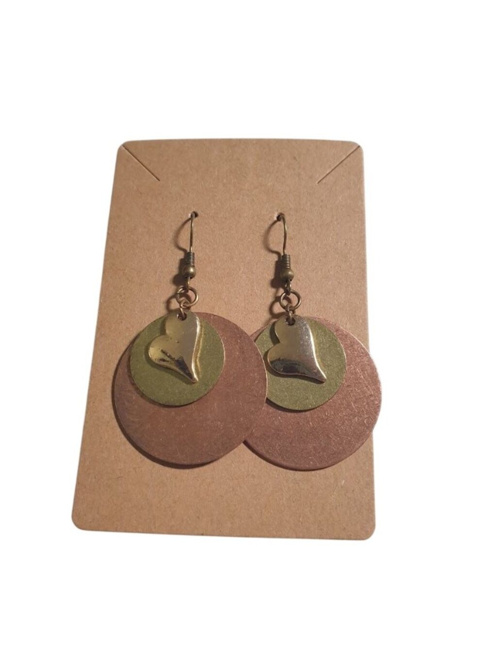 Metallic Layered Dangle Earrings Layered Circular Design Gold Heart Charm Bronze - Picture 1 of 4